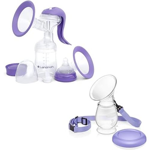 Lansinoh Manual Breast Pump and Silicone Breast Pump Bundle for Breastfeeding Moms
