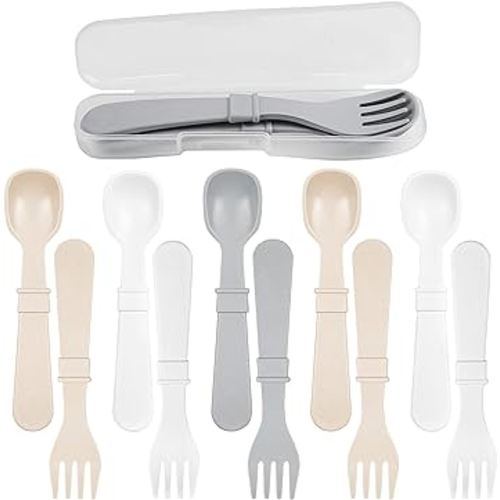 Re Play Made in USA Toddler Forks and Spoons, Pack of 12 With Carrying Case - 6 Kids Forks with Rounded Tips and 6 Deep Scoop Toddler Spoons - 0.2" Thick Toddler Utensils with Case, “Seashell” Colors