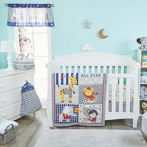EVERYDAY KIDS 4 Piece Boys Crib Bedding Set - Jungle Sports - Soft 100% Cotton Percale - Includes Quilt, Fitted Sheet, Dust Ruffle and Diaper Stacker - Nursery Bedding Set - Baby Crib Bedding Set