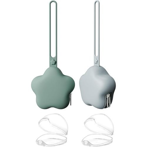 4 Pack Pacifier Holder Case,2pcs Silicone Portable Pacifier Pouch and 2pcs Transparent Nipple Holder Case Container, On-The-GO Pacifier Storage Container Box,BPA Free, Easy to Clean(Gray+Green)