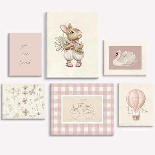 Girl Nursery Wall Art Vintage Pink Bunny Canvas Wall Decor Baby Girl Room Poster Nursery Animal Floral Prints Cute Rabbit Picture Kids Swan Flower Painting Artwork Bedroom 8x10x6 Inch Ready to Hang