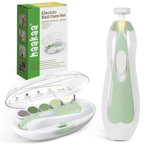 haakaa Baby Nail File Electric Baby Nail Care Set with LED Light, Baby Nail Clippers for Newborn/Infants/Adults Toenails and Fingernails, 6 Replacement Heads & Storage Case, Green