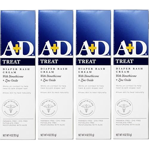 A+D Zinc Oxide Diaper Rash Treatment Cream, White, 4 Oz (Pack of 4)