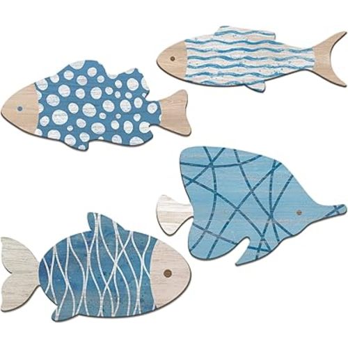 Vwedoit Fish Wall Decor Set - 4pcs Wooden Coastal Decor Wood Hanging Nautical Decor for Bathroom, Lake House, Beach House, Home Room Wall Decorations, Faded Color Painted