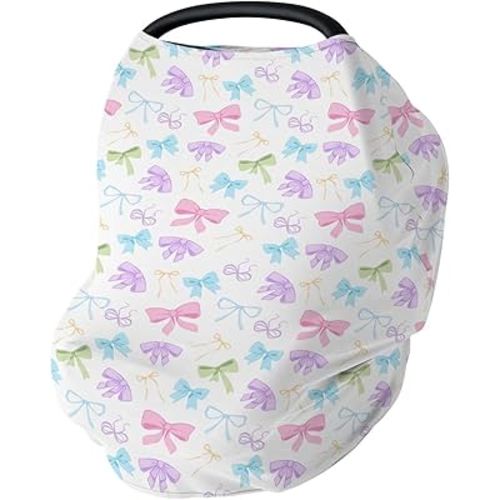 Spring Pastel Bows Baby Car Seat Covers Colorful Rainbow Bows Stretchy 5-in-1 Cover Adjustable Car Canopy Cover Cute Girly Breathable Nursing Cover-Up