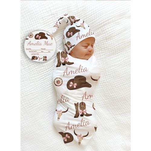 BABY GIRL COWGIRL Swaddle Blanket Cowboy Boots Hat Name Blanket Ranch Baby Girl Personalized Shower Gift Coming Home Outfit Hospital Set