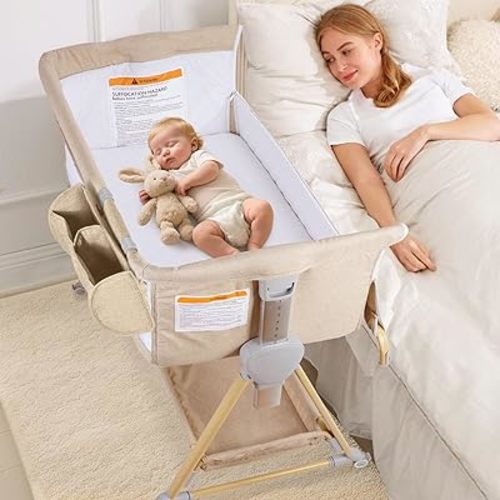 BIERUM Baby Bassinet, Bedside Sleeper for Baby, 7 Height Adjustable Bedside Bassinet with Lockable Wheels, Easy to Assemble Portable Bedside Crib with Large Storage Bag and Mattress for Newborn/Infant