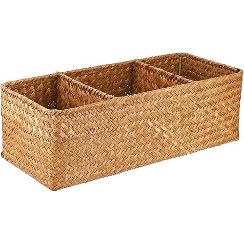 Hipiwe Seagrass Storage Basket with 3 Section, Hand-Woven Wicker Bathroom Storage Bin Tissue Toilet Paper Organizer Basket for Shelves, Kitchen, Bathroom (Caramel)