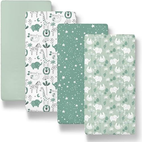 The Peanutshell Baby Bassinet Sheets 4-Pack - Soft, Oval & Fitted Baby Girls or Boys Sheet, Rectangle, Fitted Covers for Crib, Halo Bassinet Mattress - Green Safari