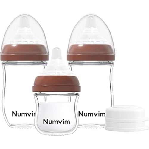Glass Baby Bottles Gentle Slow Flow, Newborn Breastfeeding Bottle with Anti Colic Nipple for 0 Months Babies, 3 Packs (Brown, 3oz+5oz)