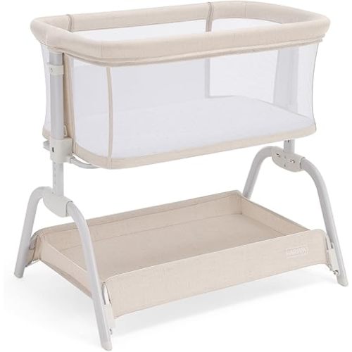 HARPPA Cuddly Bassinet, 2 in 1 Baby Bassinet with Breathable Mesh and Mattress, 6 Height Adjustable, Bedside Sleeper with Anchor Strap, Storage Basket and Wheels, Beige