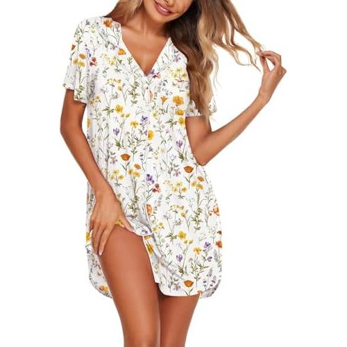 Ekouaer Nightgowns for Women Button Down Sleep Shirt Short Sleeve Lounge Dress Soft Sleepwear Boyfriend Pajama Dress