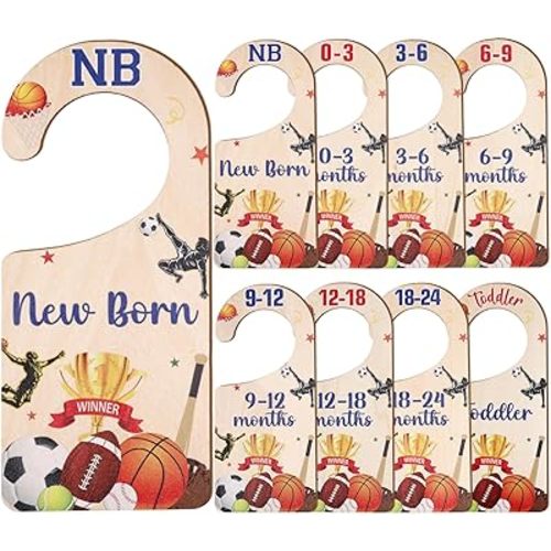Baby Closet Dividers 8PCS, Sports Theme Wooden Double-Sided Clothes Size Hanger Organizer from Newborn to Toddler for Nursery Decor Baby Shower Birthday Gift