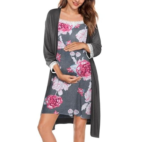 Ekouaer Women Lace Maternity Nursing Gown and 3/4 Sleeve Robe Set Double Layer Breastfeeding Nightgown Slip Dress & Bathrobe