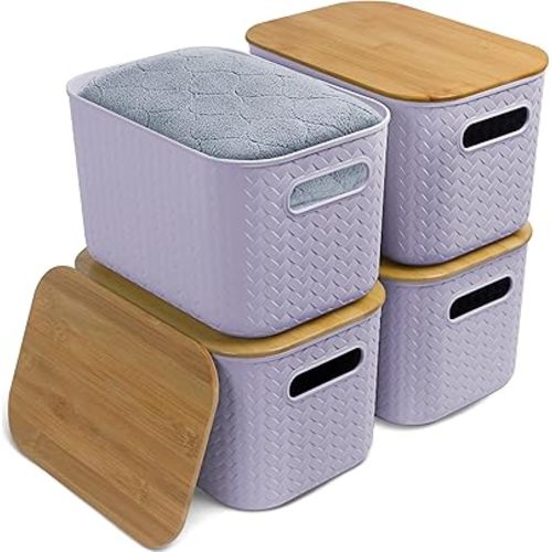 Soddeph 4 Packs Plastic Storage Bins with Bamboo Lids,Stackable Storage Containers with Lids, Storage Baskets for Organizing Desktop, Classroom, Office (Purple)