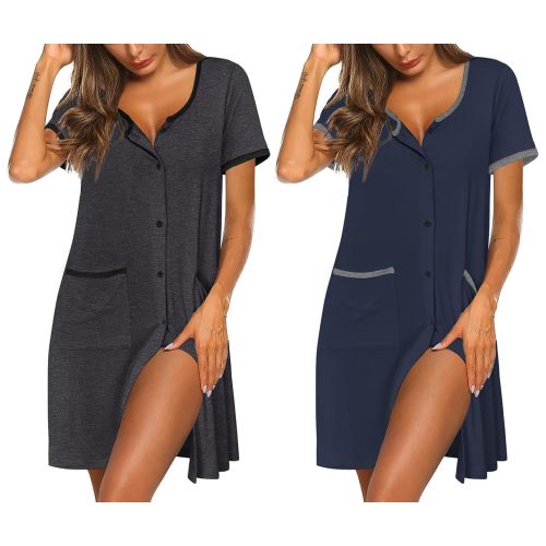 Ekouaer Nightgowns for Women 2 Pack Button Down Sleep Shirts Short Sleeve Nightshirt Sleepwear House Dress with Pockets