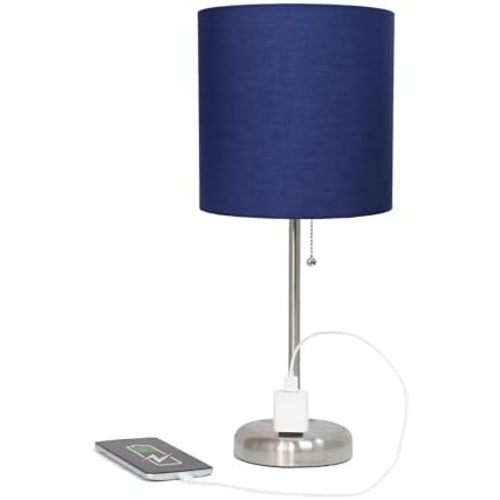 Simple Designs LT2024-NAV Brushed Steel Stick Table Desk Lamp with Charging Outlet and Drum Fabric Shade, Navy Blue Shade