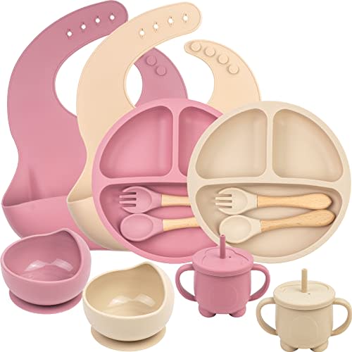 Silicone Baby Feeding Set, 12Pcs Baby Led Weaning Supplies, Toddler Plates and Bowls Set with Suction, Includes Baby Plates,Bowls,Bibs, Cups,Spoons and Forks for Self Feeding(2 Sets Beige & Pink)