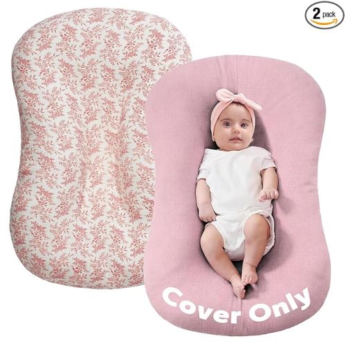 FUNUPUP Muslin Baby Lounger Cover Only Compatible with Snuggle Me Lounger, Infant Pillow Cover for Newborn, Removable Nest Slipcover for Boys and Girls, Only Cover, Pink & Pink Leaves