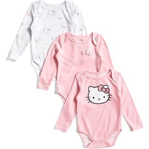 Hello Kitty Baby Girls' 3 Pack Bodysuit, Pink with Silver Glitter Accents