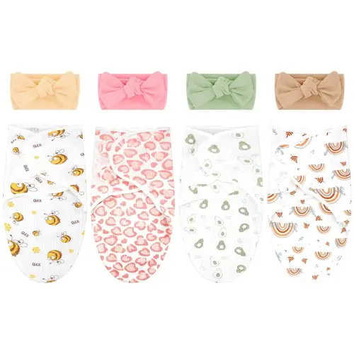 4 Pack Newborn Preemie Swaddle with Headband Set Premature Swaddle Blanket Baby Clothes for Nicu Newborn Boys Girls(0-3 Months,Bow Style)