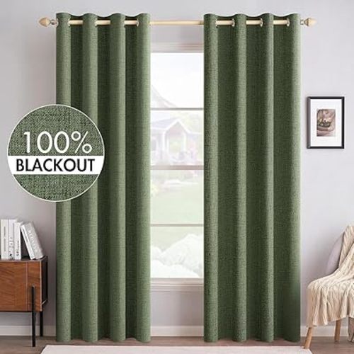 MIULEE 100% Blackout Linen Textured Curtains - Olive Green - 52 x 84 Inch (2 Panels)