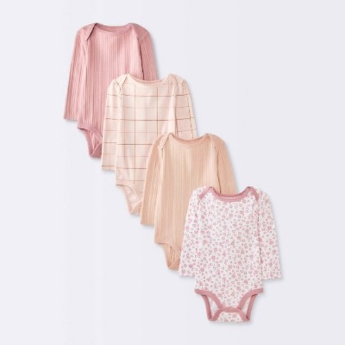 Baby Girls' 4pk Floral Long Sleeve Bodysuits - Cloud Island™ Peach/Pink 3-6M