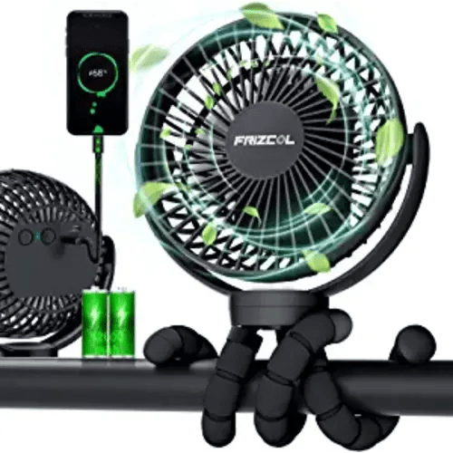 FRIZCOL Portable Stroller Fan, Use As Power Bank, 55H 12000mAh Battery Operated Fan Flexible Tripod Baby Car Seat Fan, Personal Mini Handheld/Desk/Small Clip On Fans For Stroller, Carseat (Black)