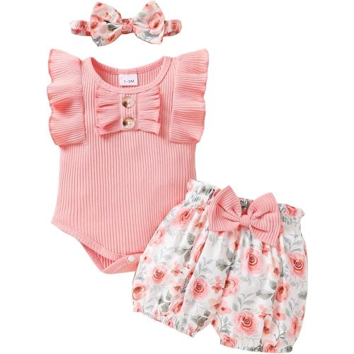 Tiny Cutey Baby Girl Clothes Infant Summer Outfits Set Ruffle Sleeve Romper and Floral Shorts with Headband