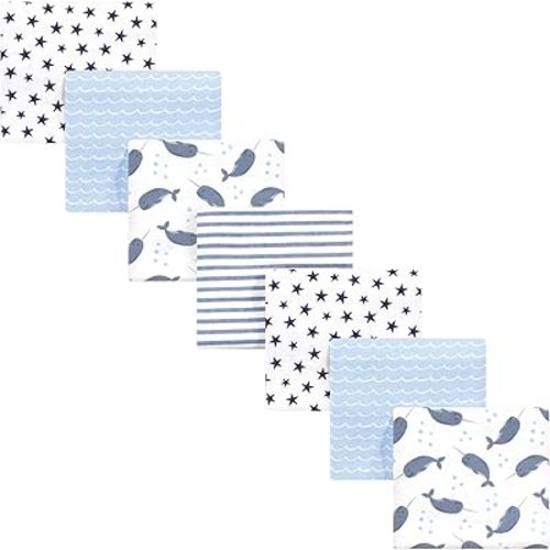 Hudson Baby Unisex Baby Cotton Flannel Receiving Blankets Bundle, Narwhal, One Size