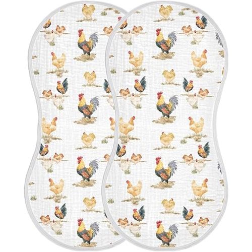 Muslin Burp Cloths for Baby Boys and Girls - 2-Pack Ultra Absorbent Rustic Retro Chickens Rooster Muslin Washcloths, Newborn Towel, Milk Spit Up Rags, Burp Cloth Bibs for Unisex, 22 x 11 Inch