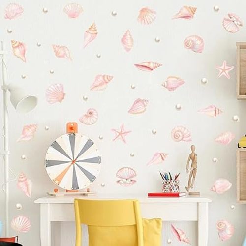 Pink Shell Wall Decal, Watercolor Under The Sea Shell Vinyl Wall Stickers, Removable Ocean Themed Seashell Artwork for Girls Bedroom Kids Room Bathroom Decor