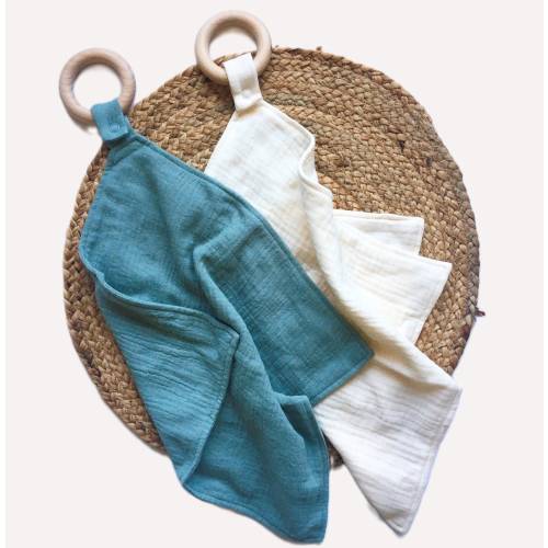 Organic Cotton Baby Security Blanket with Teething Ring / Muslin Lovey Blanket / Natural Baby Toy