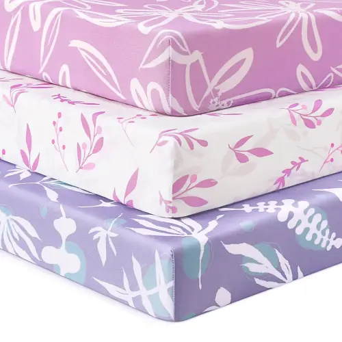 Baby Crib Sheets for Boys Girls, Fitted Crib Sheet Neutral 3 Pack for Standard Crib and Toddler Mattress, Breathable Soft Microfiber Baby Sheet 28x52x8in Purple Leaf