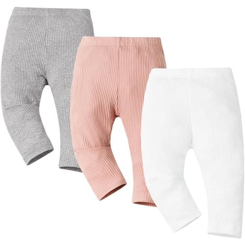 Bafeicao 3 Pack Newborn Baby Boy Girl Pants Ribbed Elastic Waist Infant Pant Unisex Baby Leggings Bottoms Clothing - 3-6 Months - Grey+white+pink