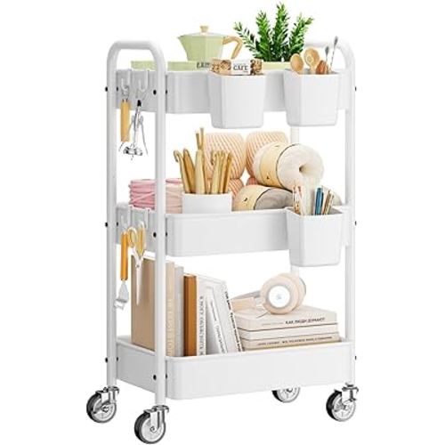 YASONIC Metal 3 Tier Rolling Cart - Heavy Duty Utility Cart with Lockable Wheels, Hanging Cups, Hooks, Mesh Rolling Storage Cart Craft Cart Organizer, Lightweight and Sturdy, White
