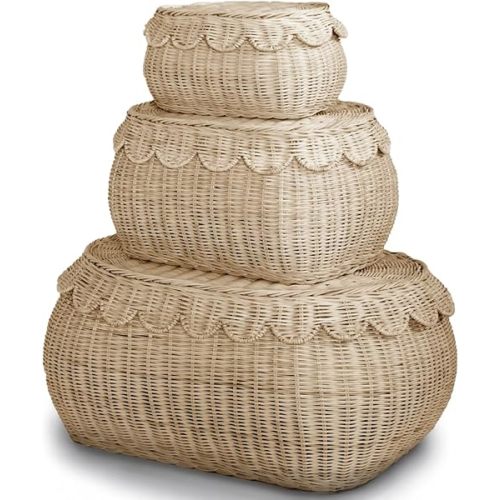 Large Scalloped Basket Set Of 3 - Hand Woven Scallop Basket - 22 x 16 x 10 In - Scalloped Wicker Basket - Scalloped Edge Basket - Scalloped Storage Basket (Natural)