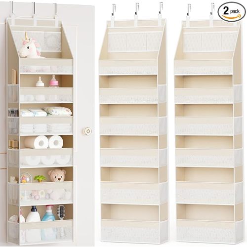 Criusia 2 Pack Over the Door Organizer, 6-Shelf Closet Hanging Storage with 13 Mesh Pockets, 55lbs Capacity Behind the Door Storage for Baby Nursery, Bathroom, Bedroom, and Dorm, Beige