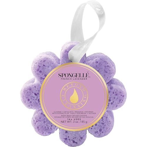 Spongelle French Lavender Wild Flower Buffer Body Scrubber | Bath & Shower Loofah for Women | Exfoliator with Body Wash Infused Sponge | 14+ uses