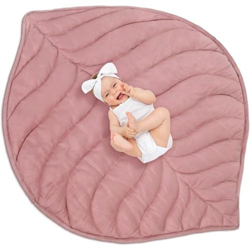 Funtery Baby Play Mat 56 x 42 Inch Cotton Crawling Cushion Cotton Nursery Rug Large Thick Soft Reversible Washable Folding Floor Mat Playpen Mat Nursery Decor Rug for Girls Boys Baby (Pink,Leaf)