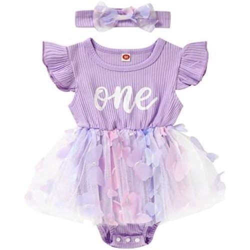 GRNSHTS Baby Girl 1st Birthday Outfits Ribbed Tulle Romper Princess Cake Smash Photo Shoot Clothes+Headband
