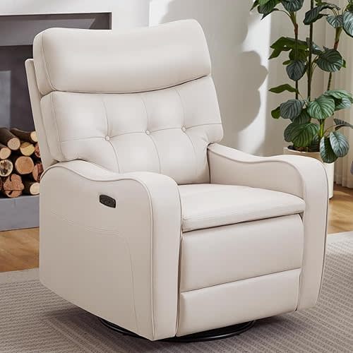 Power Swivel Rocker Recliner,Leather Glider Recliner with USB and Type-C Port, Electric Swivel Glider Reclining Nursery Recliners for Living Room, Home Office,Beige