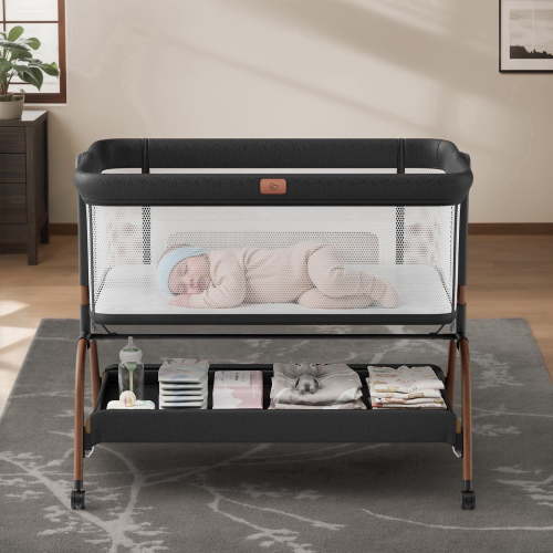 BabyBond Bassinet Bedside Crib, 3-in-1 Baby Bassinet Bedside Sleeper with Mattress and Soft, Breathable Sheet, Full-Mesh Sides, 6-Height Adjustable, Stable and Secure Crib for Newborns,Black