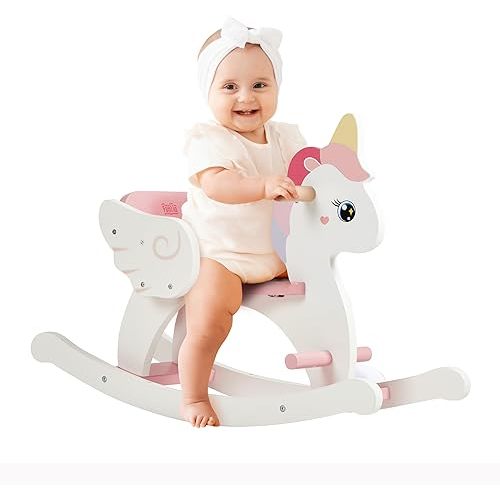 FUNLIO Unicorn Wooden Rocking Horse Ages 0.5-3, Cute Baby Rocking Horse with Safety Belt & Backrest, Easy to Assemble Toddler Ride on Toys, CPC & CE Certified - Pink