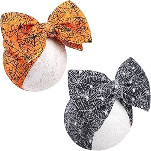 YanJie 2Pcs Baby Girls Spider Web Printed Hairbands with Bows - Newborn & Toddler Halloween Hair Accessories in Black & Orange
