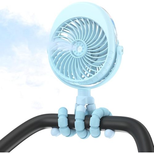 2025 Upgarded 4000mAh Misting Baby Stroller Fan, Rechargeable Battery Operated,Max 15Hrs Cooling,50ml Portable Water Sprayer Misting Fan with Flexible Tripod Clip on Car Seat Crib Treadmill Bunk Bed