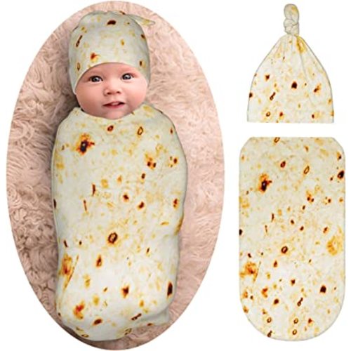 Burrito Taco Tortilla Newborn Swaddle Blanket with Beanie Set, Soft and Stretchy Baby Blanket Swaddle Sack Funny Gift for Boy and Girl Baby Shower