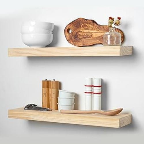 Homeforia Rustic Farmhouse Floating Shelves, Bathroom Wooden Shelves for Wall Mounted, Thick Industrial Kitchen Wood Shelf - 24 x 6.5 x 1.75 inch - Set of 2 - Unfinished - No Stain - DIY