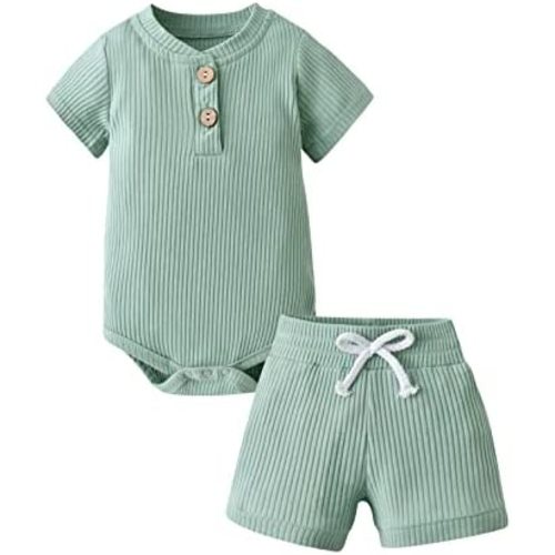 Derouetkia Summer Newborn Baby Boy Girl Clothes Solid Color Ribbed Romper and Shorts Outfits Set