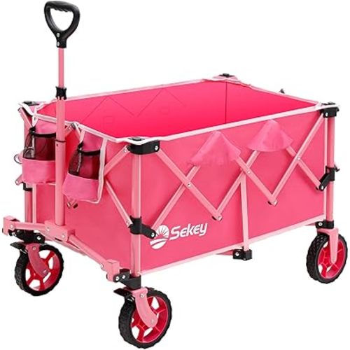 Sekey Pink Collapsible Foldable Wagon with 330lbs Weight Capacity, Heavy Duty Folding Wagon Cart with Big All-Terrain Wheels & Drink Holders. Pink